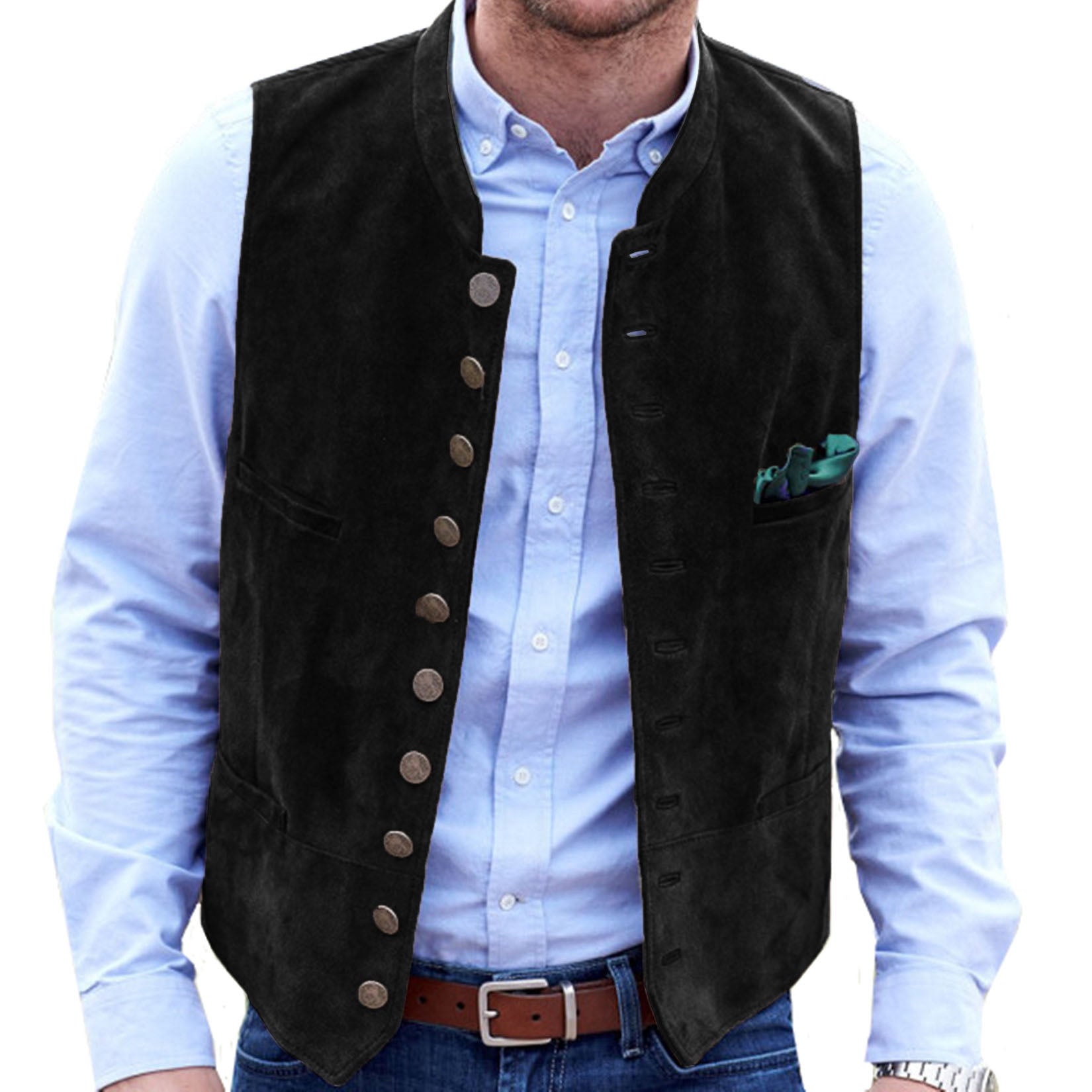 Wiaofellas Men's Vest Suede Suit Vest Casual Steampunk Style Waistcoat Round Neck Single Breasted Sleeveless