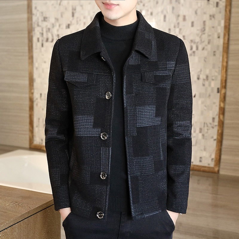 Wiaofellas Men's woolen plaid short jacket tops new men's autumn and winter fashion casual lapel slim-fitting woolen trench coat S-4XL