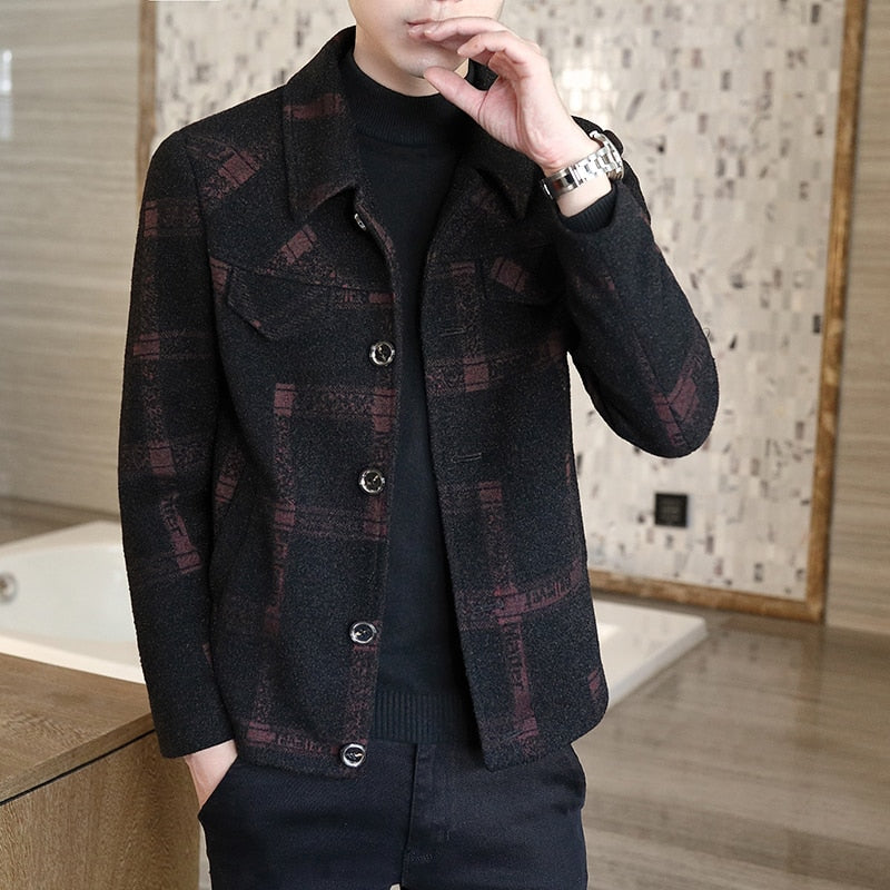 Wiaofellas Men's woolen plaid short jacket tops new men's autumn and winter fashion casual lapel slim-fitting woolen trench coat S-4XL