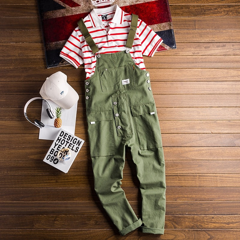 Wiaofellas Fashion Men Jumpsuit Bib Pants Solid Joggers Pockets Streetwear Loose Cotton Straps Suspender Mens Cargo Overalls Rompers