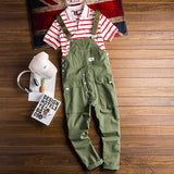 Wiaofellas Fashion Men Jumpsuit Bib Pants Solid Joggers Pockets Streetwear Loose Cotton Straps Suspender Mens Cargo Overalls Rompers