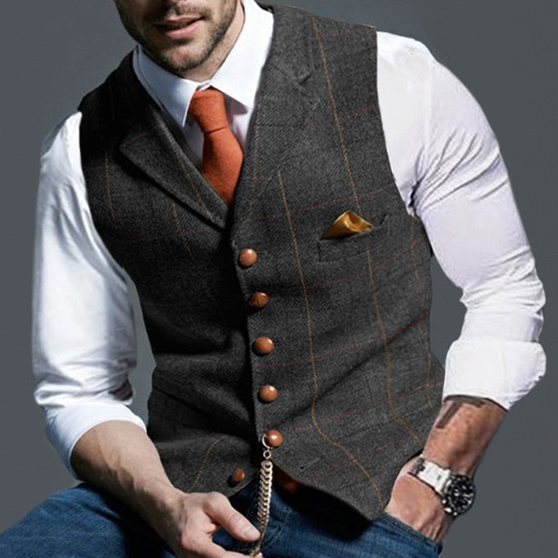 Wiaofellas Autumn Men's Vest Jacket Men Popular Plaid Slim Fit Vest Sleeveless V Neck Business Single Breasted Button Pocket