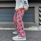 Wiaofellas Preppy Style Skull Full Print Drawstring Casual Corduroy Men Baggy Pants Hip Hop Straight Sweatpants Male Loose Trousers