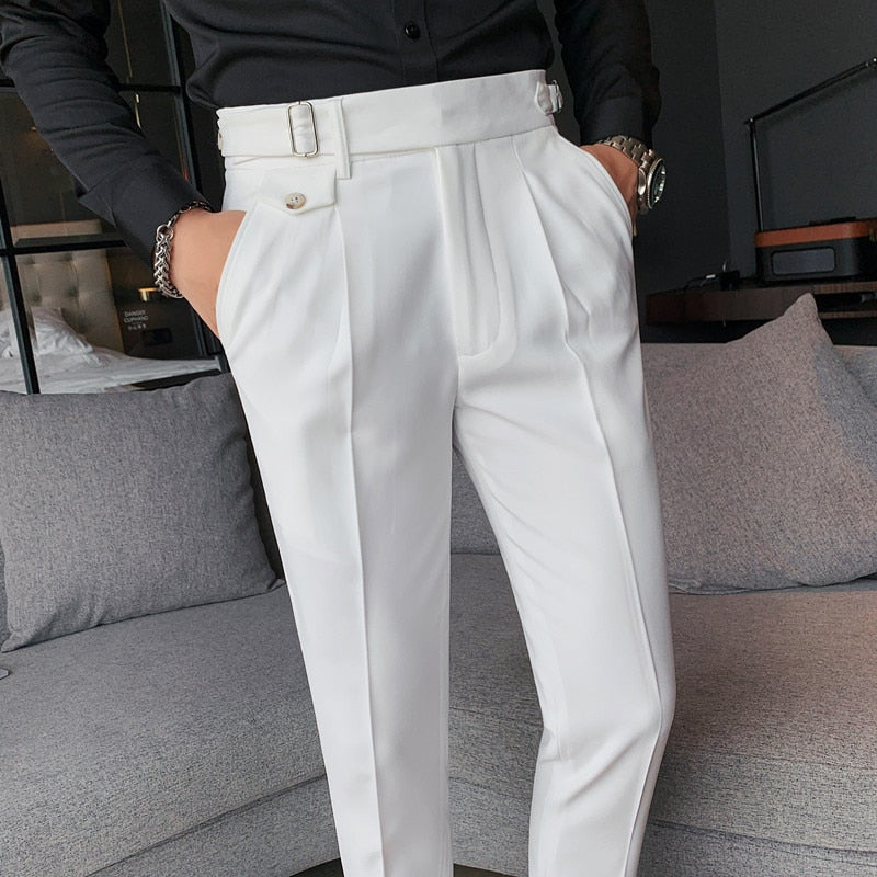 Wiaofellas New Design Men High Waist Trousers Solid England Business Casual Suit Pants Belt Straight Slim Fit Bottoms White Clothing