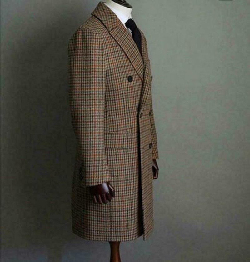 Wiaofellas  Winter Men Wool Houndstooth Overcoat Double-breasted Six Button Warm Long Coat Formal Tailored