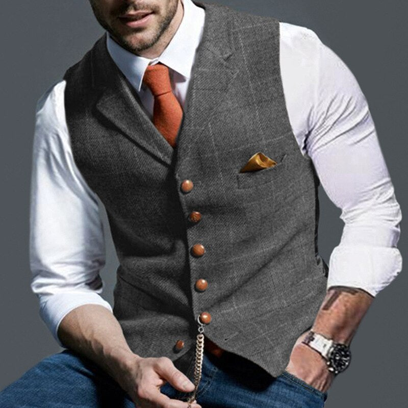 Wiaofellas Autumn Men's Vest Jacket Men Popular Plaid Slim Fit Vest Sleeveless V Neck Business Single Breasted Button Pocket