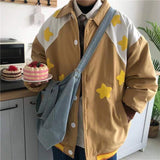 Wiaofellas Men's Fashion Trend Couple Clothes Streetwear Baseball Jacket Loose Star Printed Coats Lapel Collar Blue Color Outerwear