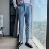 Wiaofellas New Design Men High Waist Trousers Solid England Business Casual Suit Pants Belt Straight Slim Fit Bottoms White Clothing