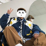 Wiaofellas Men's Fashion Trend Couple Clothes Streetwear Baseball Jacket Loose Star Printed Coats Lapel Collar Blue Color Outerwear