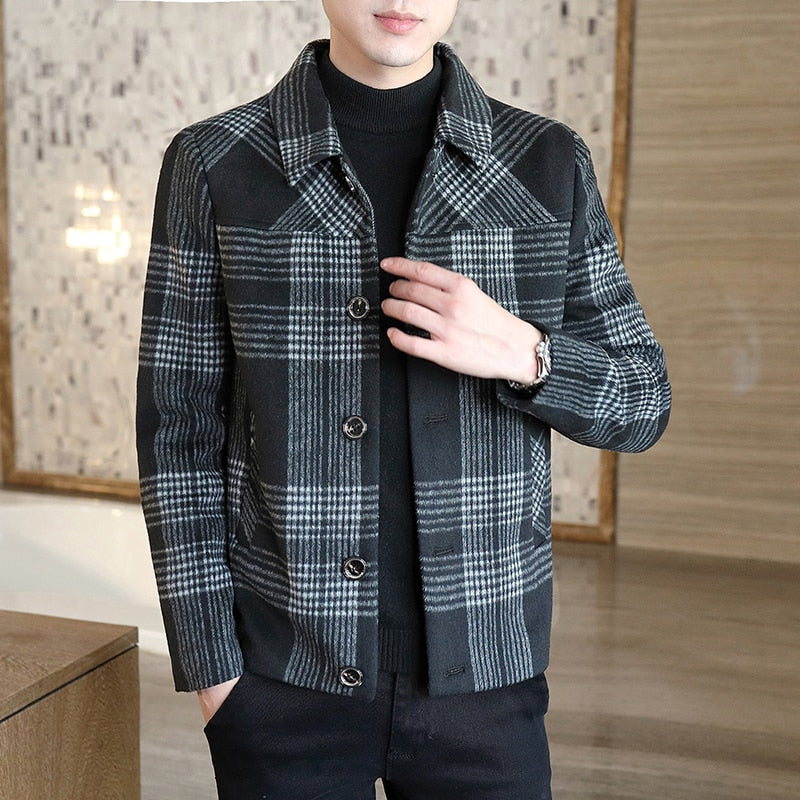Wiaofellas Men's woolen plaid short jacket tops new men's autumn and winter fashion casual lapel slim-fitting woolen trench coat S-4XL