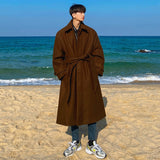 Wiaofellas Tweed Overcoat Men's Autumn Winter Long Coat Loose Knee-length New Korean British Thickened Belted Woolen Jacket D1221