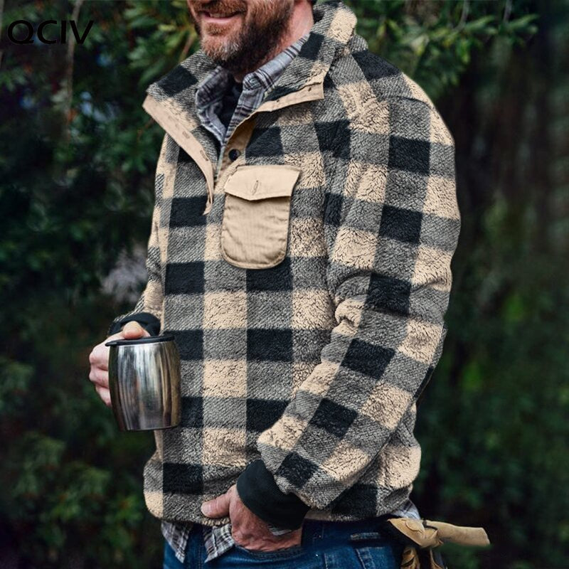 Wiaofellas Fashion Plaid Woolen Jumpers Mens Autumn Winter Warm Long Sleeve Loose Sweaters Casual Turn-down Collar Tops Men Streetwear