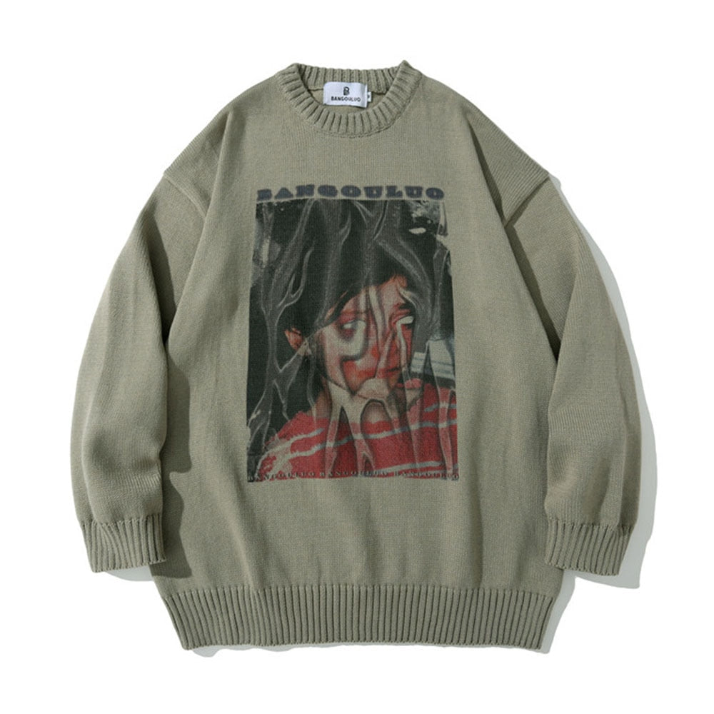 Wiaofellas Knitted Sweater Men Hip Hop Abstract Portrait Pattern Oversized Pullover Women Autumn Street Harajuku Cotton Warm Sweater Unisex