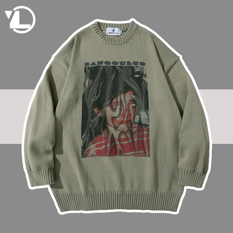 Wiaofellas Knitted Sweater Men Hip Hop Abstract Portrait Pattern Oversized Pullover Women Autumn Street Harajuku Cotton Warm Sweater Unisex