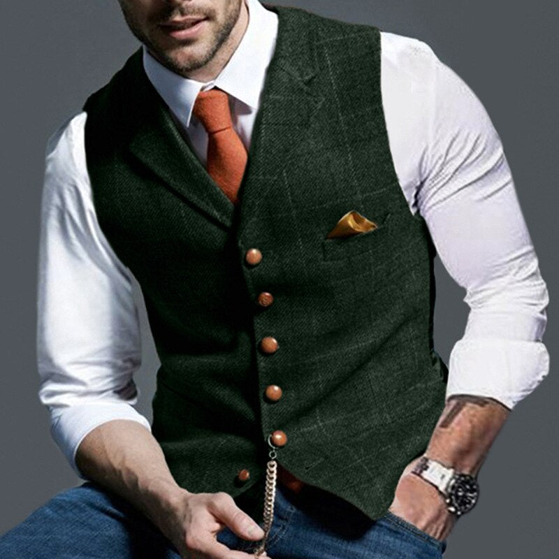 Wiaofellas Autumn Men's Vest Jacket Men Popular Plaid Slim Fit Vest Sleeveless V Neck Business Single Breasted Button Pocket