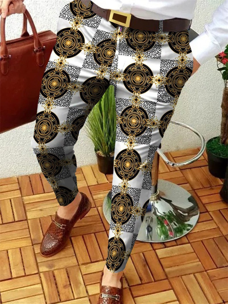 Wiaofellas Men Business Casual Trousers Retro Pattern Print Straight Long Pants Mens Spring Autumn Fashion Streetwear Vintage Men Clothing