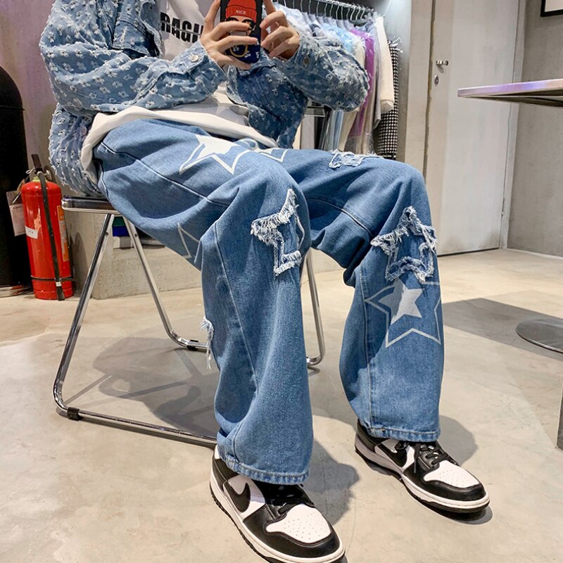 Wiaofellas Y2K Star Pants Men's Jeans with Stars Streetwear Hip Hop Denim Pants Straight Trousers Male Embroidered Loose Casual