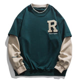 Wiaofellas Vintage Flocked Letter Fake Two Patchwork Hoodie Pullover Harajuku Sweatshirts Men Hip Hop Streetwear Loose Casual Tops