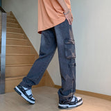 Wiaofellas Fashion Pocket Zipper Men's Jeans Neutral Wide Leg Denim Trousers Loose Straight Jeans Youth Casual Neutral Hip Hop Pants
