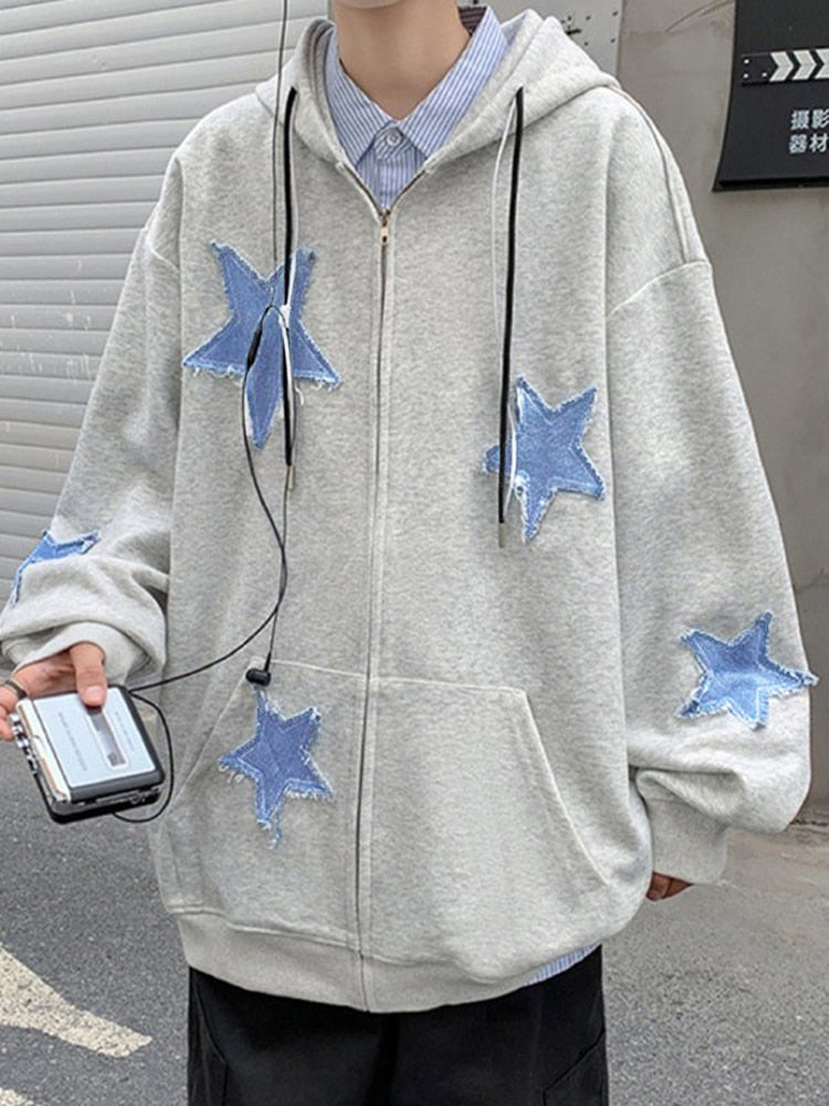 Wiaofellas Y2k Men's Star Patch Hoodies Harajuku Zip Up Oversized Sweatshirts Hip Hop Gothic Loose Pocket Korean Jacket Hoodie Streetwear