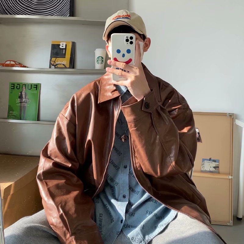 Wiaofellas Pu Leather Jacket Men Brown Retro Motorcycle Jacket Autumn Korean Fashion Fried Street Loose Zipper Bomber Jacket Learher Coats