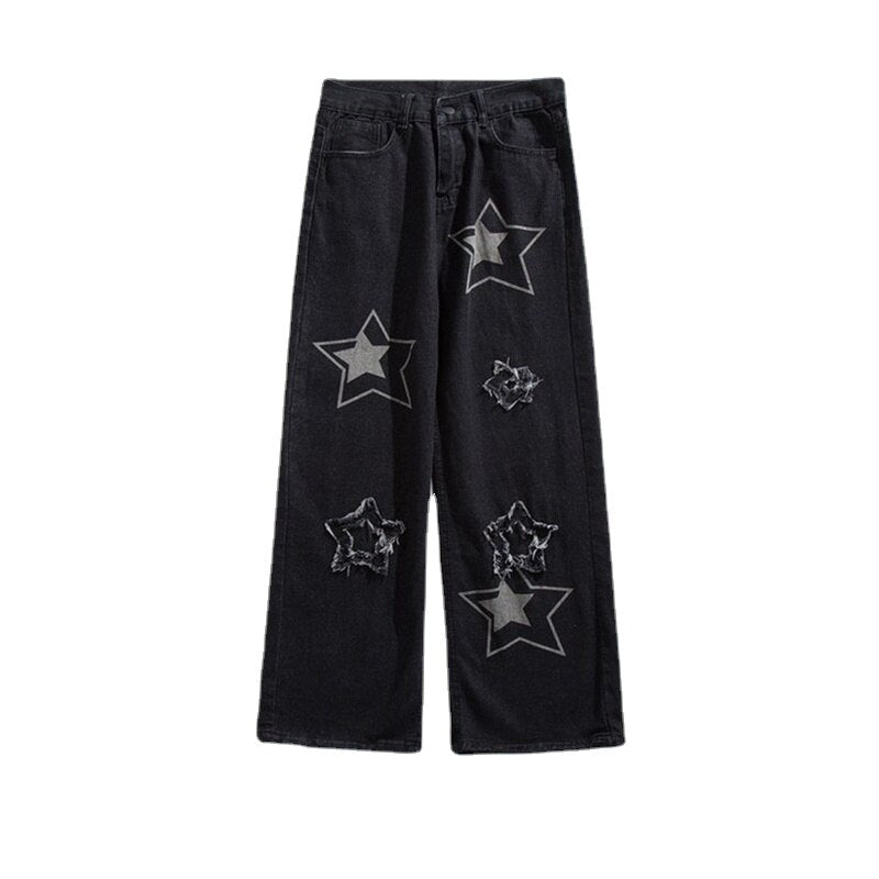 Wiaofellas Y2K Star Pants Men's Jeans with Stars Streetwear Hip Hop Denim Pants Straight Trousers Male Embroidered Loose Casual