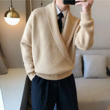 Wiaofellas Men's Autumn/winter Style Solid Color Large V-neck Lapel Personality Sweater Temperament Commuter Loose Casual Sweater Coat