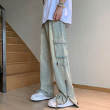 Wiaofellas Fashion Pocket Zipper Men's Jeans Neutral Wide Leg Denim Trousers Loose Straight Jeans Youth Casual Neutral Hip Hop Pants
