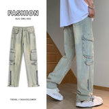 Wiaofellas Fashion Pocket Zipper Men's Jeans Neutral Wide Leg Denim Trousers Loose Straight Jeans Youth Casual Neutral Hip Hop Pants