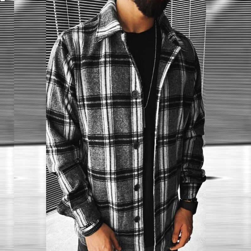 Wiaofellas Business Casual Plaid Print Wool Shirt Jacket Men 2023 Spring Single Breasted Lapel Top Autumn Pocket Patchwork T-shirt Cardigan