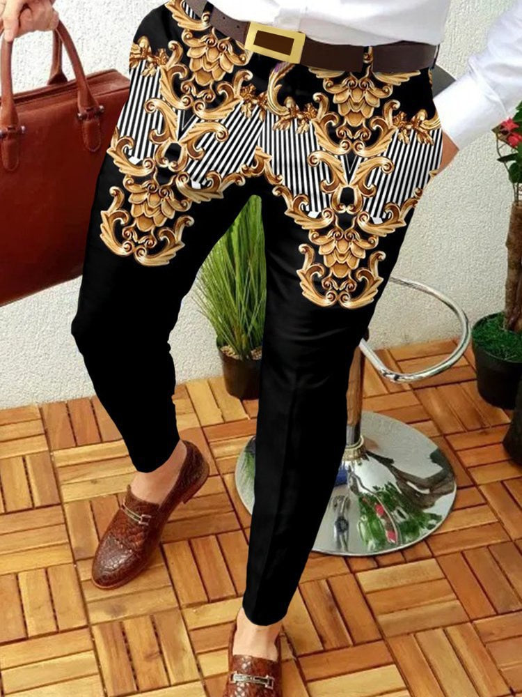Wiaofellas Men Business Casual Trousers Retro Pattern Print Straight Long Pants Mens Spring Autumn Fashion Streetwear Vintage Men Clothing