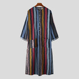 Wiaofellas Men's Nightgown Robes Arabian Striped Shirt Ethnic Clothing Long Sleeves Retro Kimono House Skirt Cotton Bathrobe Lingerie