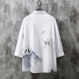 Wiaofellas Ink Painting Print Button White Long Sleeve Blouse 2023 Spring Summer Large Size Shirts Casual Fashion Male Shirts Men's Clothe
