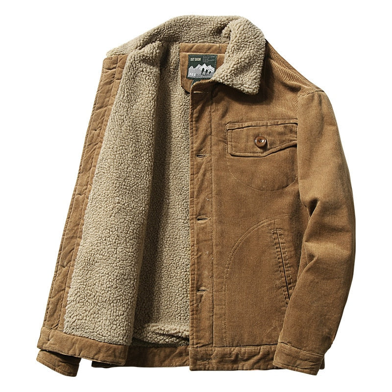 Wiaofellas Men's Winter Button Jacket Plus Velvet Overcoat Corduroy Tooling Casual Parka Korean Fashion Solid Color Cotton Jacket Men