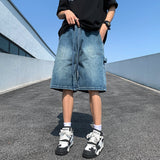 Wiaofellas Korean Style Summer Men's Blue Baggy Denim Shorts 2023 New Street Apparel Workwear Large Pocket Wide Leg Denim Shorts Blue