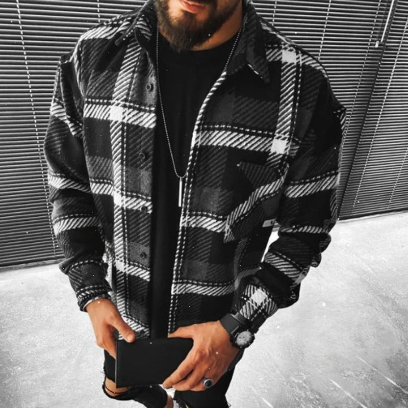 Wiaofellas Business Casual Plaid Print Wool Shirt Jacket Men 2023 Spring Single Breasted Lapel Top Autumn Pocket Patchwork T-shirt Cardigan