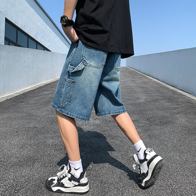 Wiaofellas Korean Style Summer Men's Blue Baggy Denim Shorts New Street Apparel Workwear Large Pocket Wide Leg Denim Shorts Blue