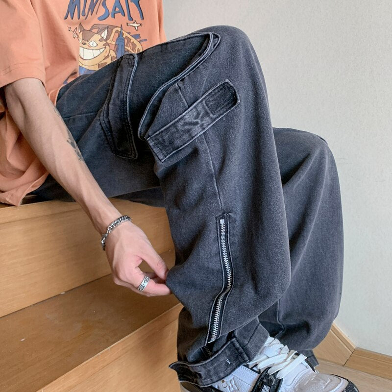 Wiaofellas Fashion Pocket Zipper Men's Jeans Neutral Wide Leg Denim Trousers Loose Straight Jeans Youth Casual Neutral Hip Hop Pants