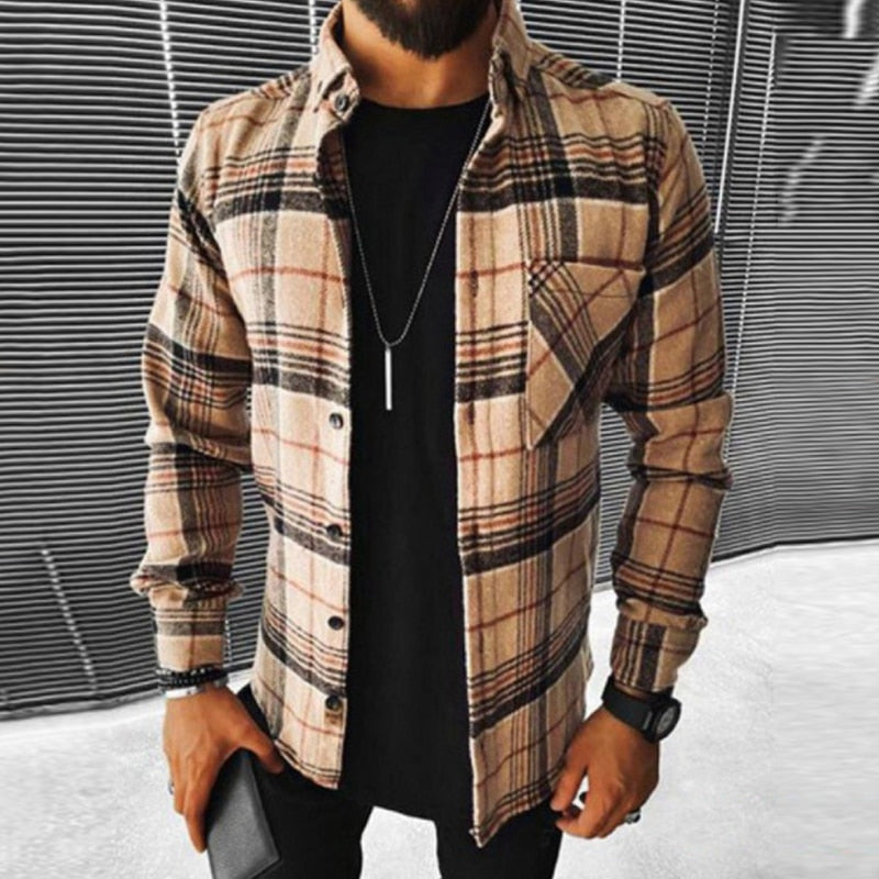 Wiaofellas Business Casual Plaid Print Wool Shirt Jacket Men 2023 Spring Single Breasted Lapel Top Autumn Pocket Patchwork T-shirt Cardigan