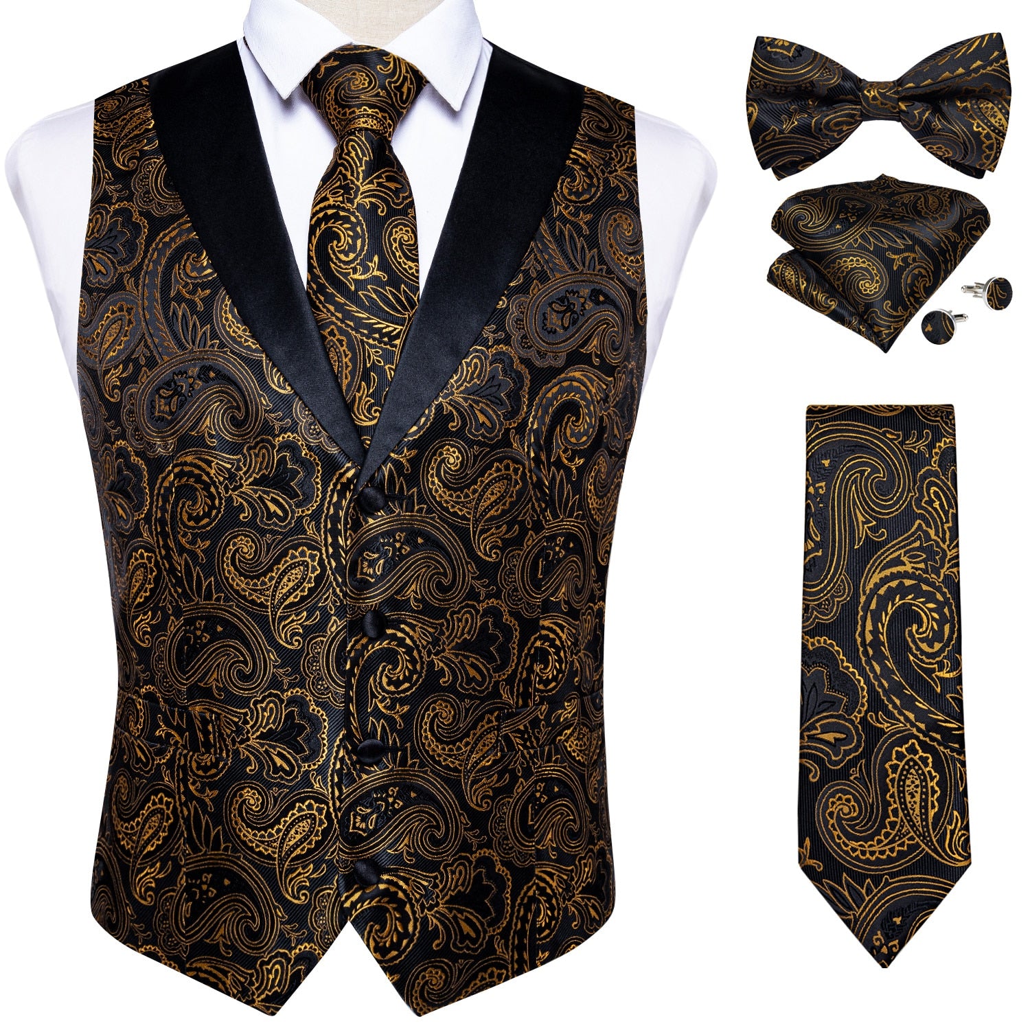 Wiaofellas Brand Suit Vest Set For Men Luxury Silk Black Gold Paisley Dress Vest Tie Cufflinks Handkerchief Set Male Sleeveless Waistcoat
