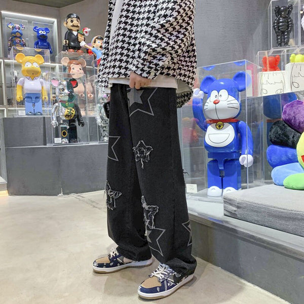 Wiaofellas Y2K Star Pants Men's Jeans with Stars Streetwear Hip Hop De