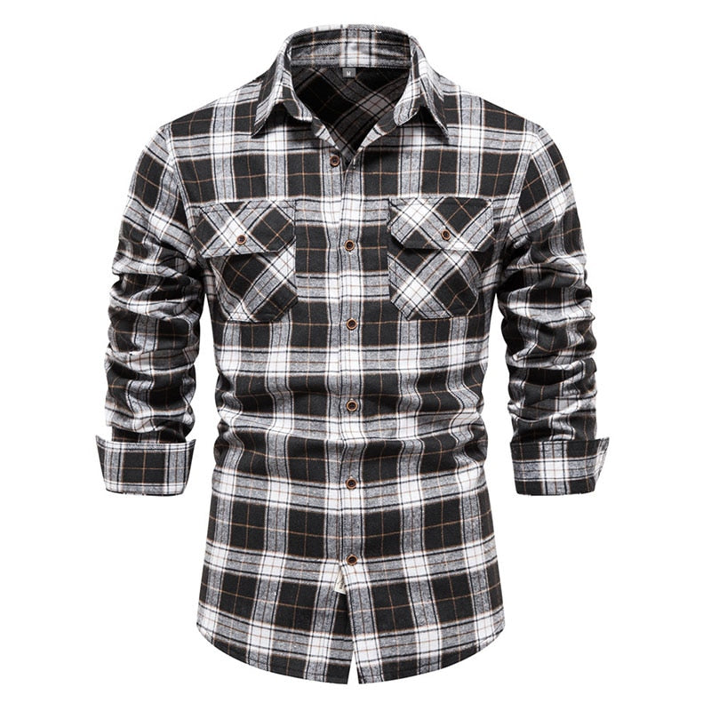 Wiaofellas Double Pocket Flannel Men Plaid Shirts Long Sleeve Social Business Shirts for Men Autumn Fashion Checkered Shirts Men