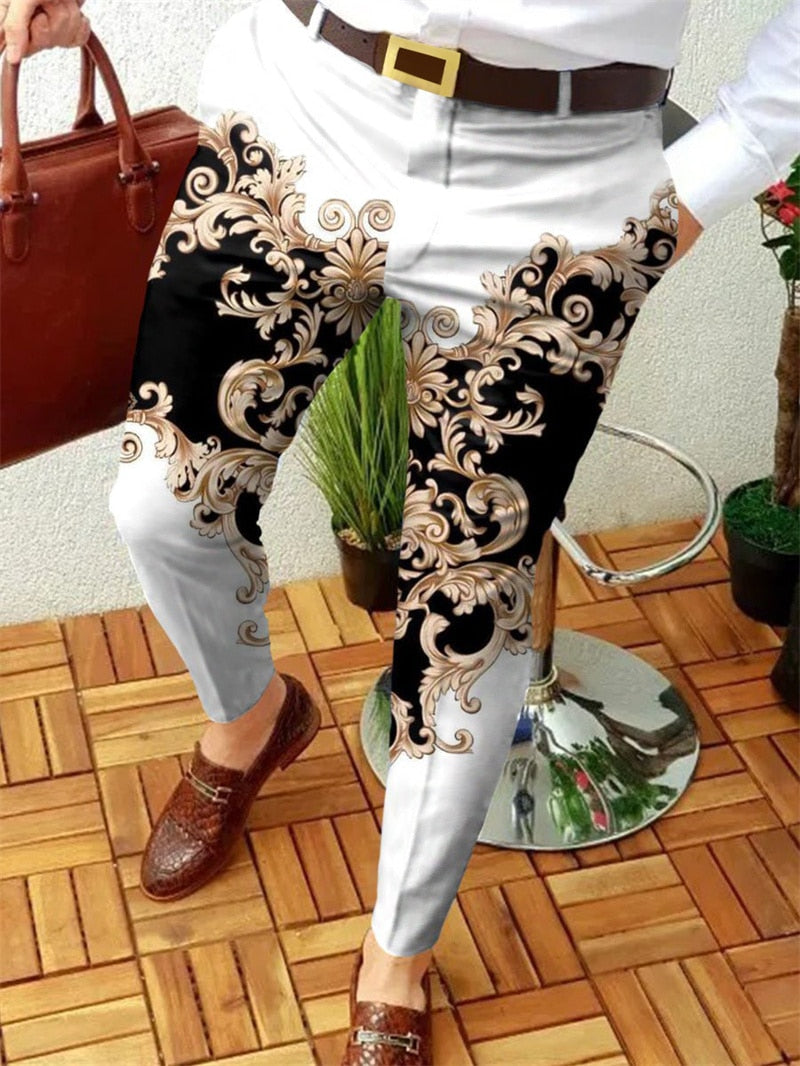 Wiaofellas Men Business Casual Trousers Retro Pattern Print Straight Long Pants Mens Spring Autumn Fashion Streetwear Vintage Men Clothing