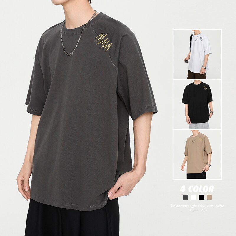 Wiaofellas Summer New Vintage Men's T-Shirt Casual American Irregular Personalized Embroidery T-shirts Cotton 200G Fashion Hip Hop Unisex