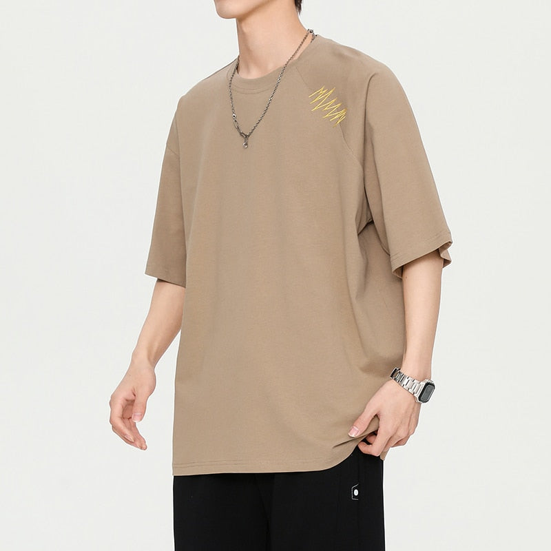 Wiaofellas Summer New Vintage Men's T-Shirt Casual American Irregular Personalized Embroidery T-shirts Cotton 200G Fashion Hip Hop Unisex