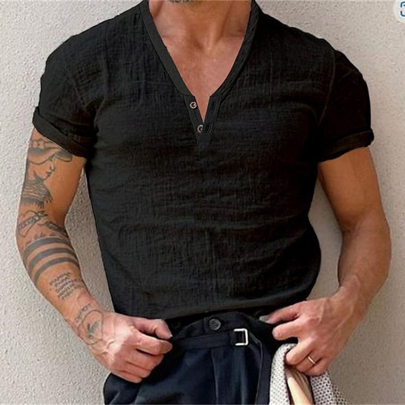Wiaofellas Cotton Casual t Shirts Mens Clothing Solid Short Sleeve Polos Shirts Summer Fashion Man Streetwear Button V-neck Tee Tops