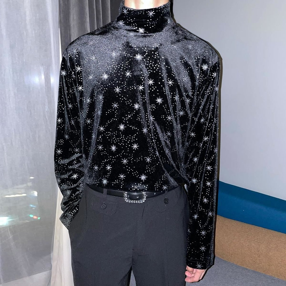 Wiaofellas Men Casual T Shirt Printed Velour Turtleneck Streetwear Long Sleeve Undershirts Cozy Leisure Men Clothing EU XS-XL