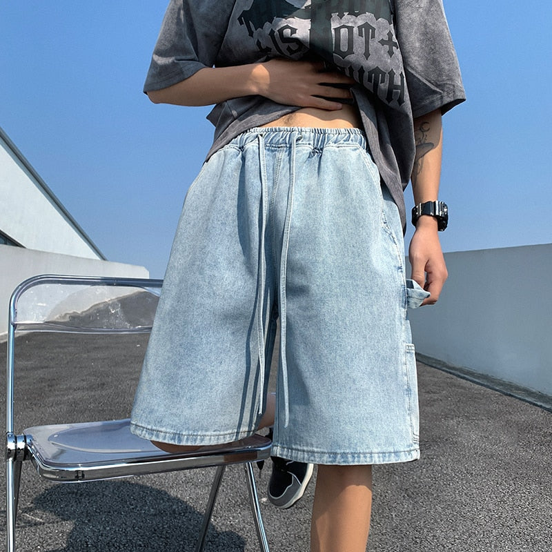 Wiaofellas Korean Style Summer Men's Blue Baggy Denim Shorts New Street Apparel Workwear Large Pocket Wide Leg Denim Shorts Blue
