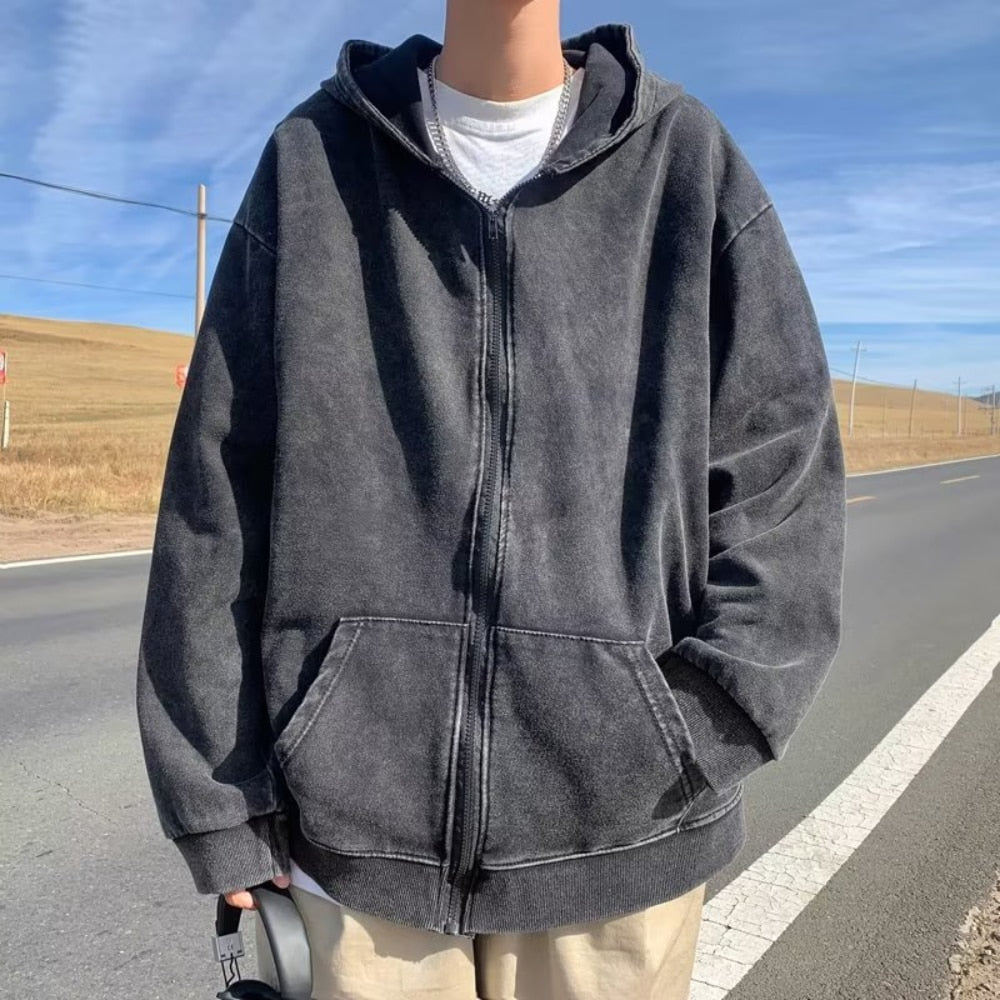 Wiaofellas American Style Hooded Sweatshirt Men's Zip Up Hoodie Harajuku Retro Streetwear Women Loose Jacket Spring Fall New In