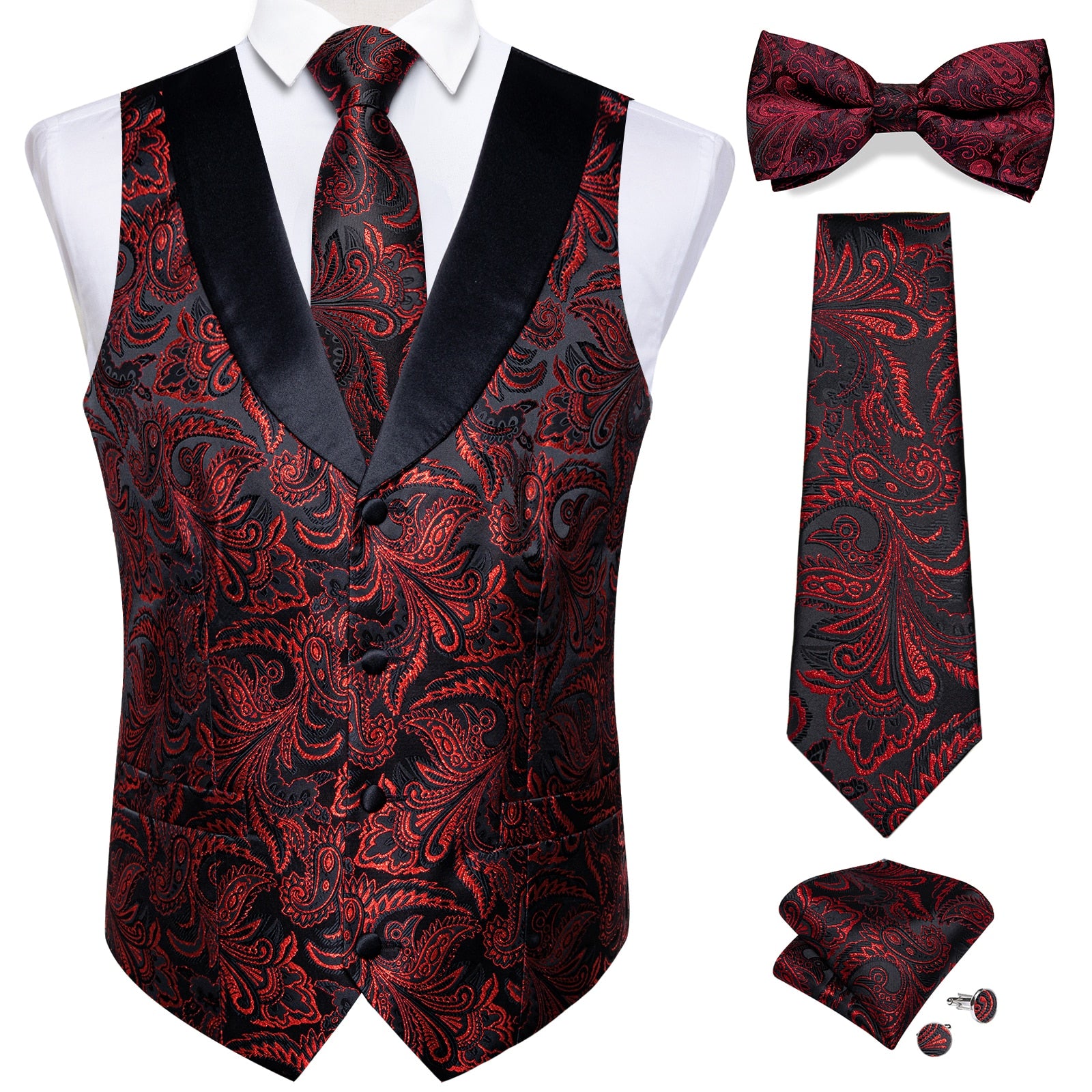 Wiaofellas Brand Suit Vest Set For Men Luxury Silk Black Gold Paisley Dress Vest Tie Cufflinks Handkerchief Set Male Sleeveless Waistcoat
